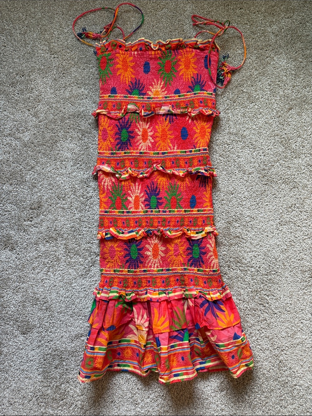 FARM RIO Vibrant Pink & Orange Tiered Smocked Maxi Dress XS